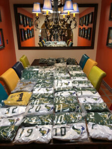 GOS Donation 19 Nigeria Gear Collection - Gift of Soccer Team Soccer Uniform Sorting on Dining Table