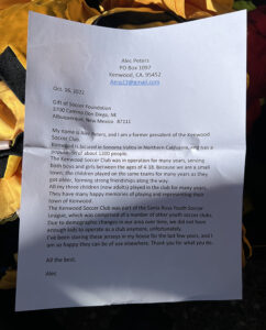 GOS Gear Collection - Gift of Soccer Foundation Letter from Donor in California